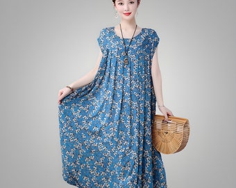 Sommer Baumwolle Maxi Kleid, Sommerkleid mit Blumenmuster, Boho Midi Kleid, Kleid mit Taschen, lockeres Kleid Tunikas Roben