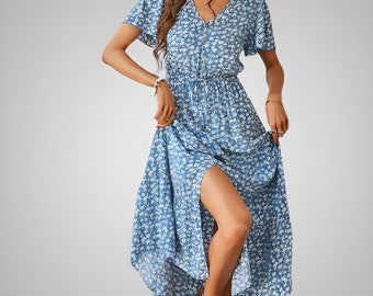 Robe d'été longue vintage à imprimé floral, robe de plage de vacances bohème, robe d'été pour femme, robe fendue, robe de vacances, robe bohème