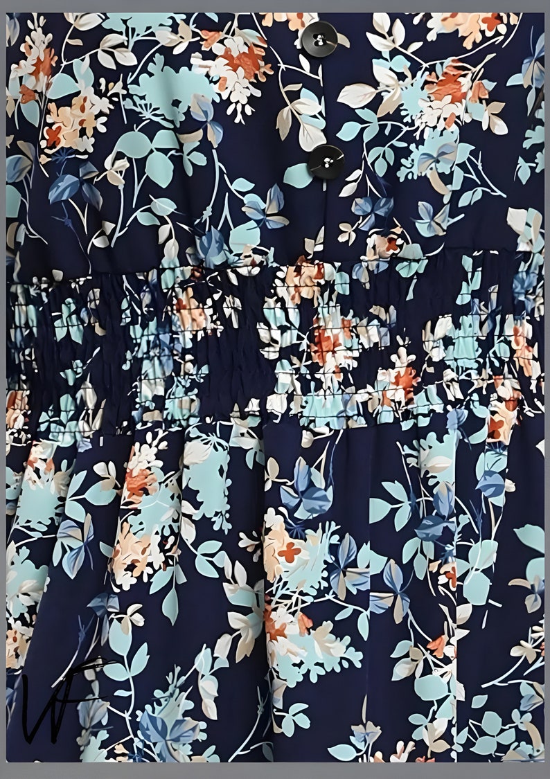 Robe midi d'été à fleurs pour femme, robe décontractée imprimée à col en V, robe de plage d'été bohème, robe de soirée ample et élégante Navy Blue