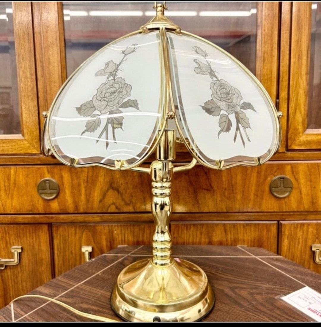 Floral Etched Clear Frosted Glass Panel Table Lamp Gold Trim 6 Panels