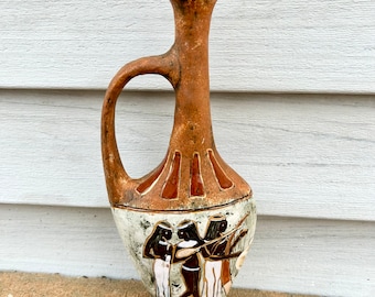 Antique Bischoff Brandy Egyptian Ewer Pitcher Decanter Pottery Vase Mid Century Made In Italy