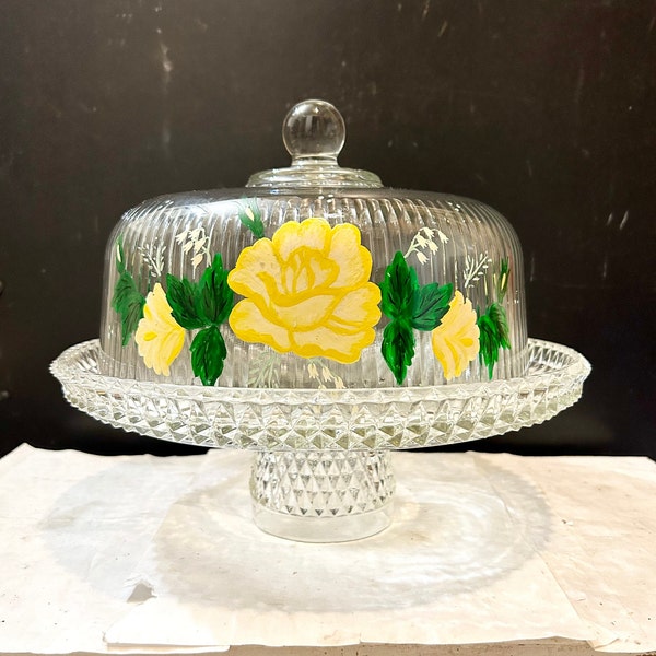 Painted Cake Dessert Plate Stand Dome Lid Pedestal Crystal Dish Serving Food, Cake, Desserts, Floral Flower Heavy Embossed Diamond Cut