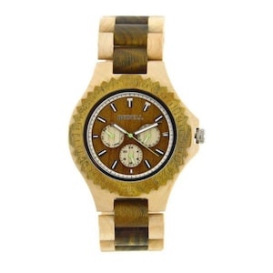 Bewell natuurlijk houten herenhorloge 49 mm houten kast dag-datum 30 m WR Japans uurwerk drievoudige wijzerplaat - glows in the dark
