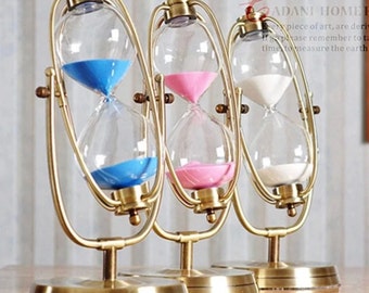 European-Style Swivel Metal Hourglass 30 Minutes Countdown Rotating Timer Clock Tabe, Desk, Shelf Decor Brass Accent Mid-Century Blown Glass