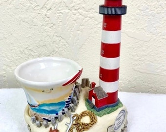 2004 Goebel Assateague Light Up Lighthouse & Candle Holder 2 Piece Set Beach Decor Sailboat Sand Seashells