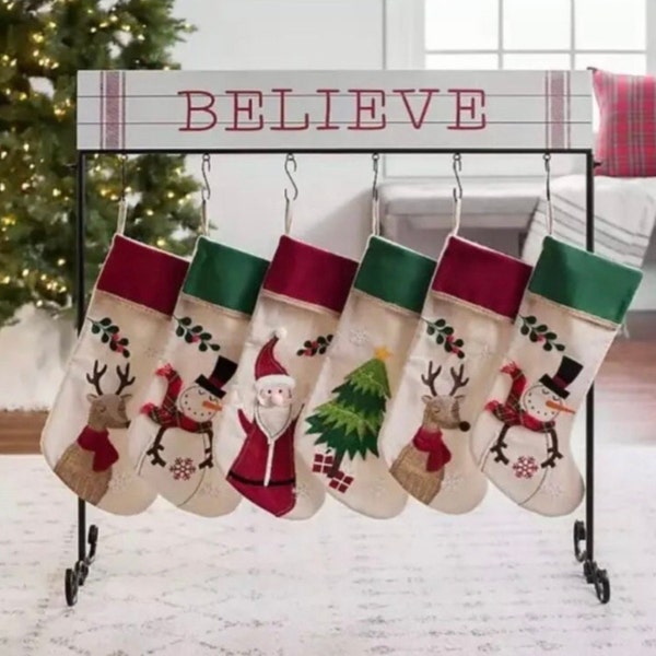 Kirklands Wooden “Believe” Sign Metal Stocking Holder Stand Rack w/ Hooks Holds Up To 6 Stockings Metal Stand White, Red, Black