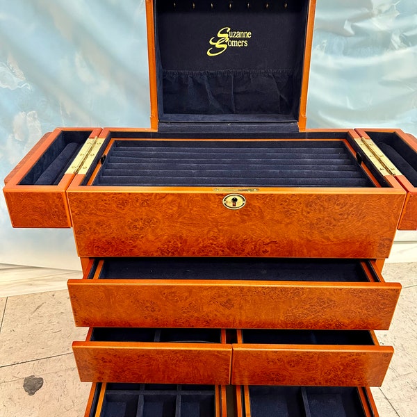 Suzanne Somers Collection Rare, Burled Maple Wood Jewelry Armoire Jewelry Box Multiple Drawers & Hooks Lift Top Navy Blue Felt Fabric Lining