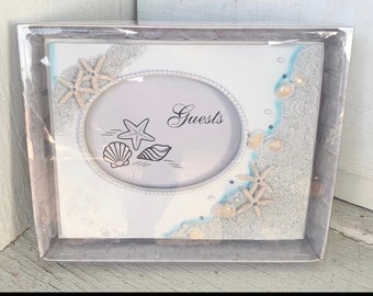 Beach Theme Guest Book Sand Sequins Sparkles, Seashells, Blue Accents For Parties, Weedings, Anniversary, Gatherings, Events