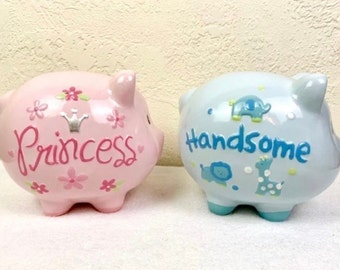 Piggy Bank Coin Bank Statues “Princess & Handsome” Set For Boy and Girl Kids Room Money Jars Pig Sculptures Barnyard Animals Kids Decor