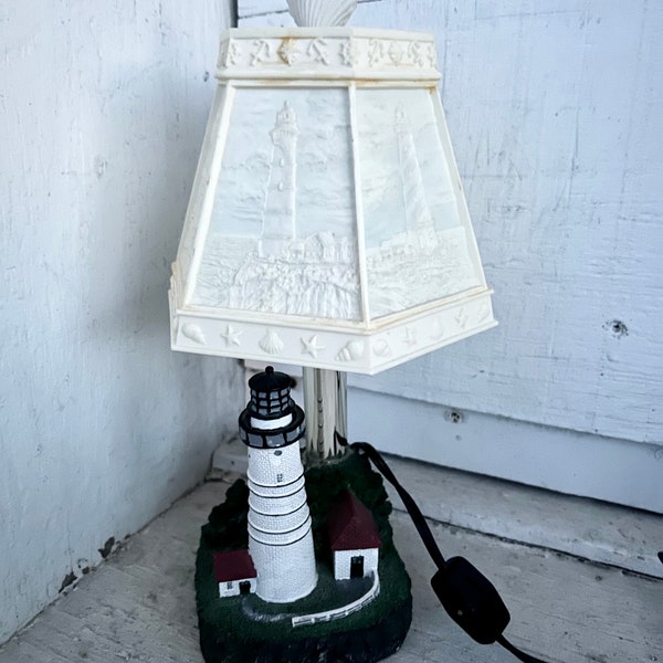 Resin Accent Lighthouse Table Lamp 6 Sided Lithophane Shade Nautical Vintage Small Lamp 11” Inches Tall