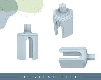 May include: Three 3D printed models of a geometric design with a hexagonal base and a tall, arched opening. The models are rendered in a light blue color and are shown against a white background.