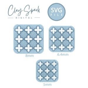 May include: Three different sized square silicone molds with a repeating pattern of four-leaf clover shapes. The molds are 8 mm, 6.4 mm, and 5 mm in size.
