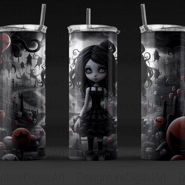 Cute Gothic Girl, 20oz Skinny Sublimation Tumbler Designs, konisch & gerade, Tumbler Wrap, PNG, Sofortdownload, kommerzielle Nutzung