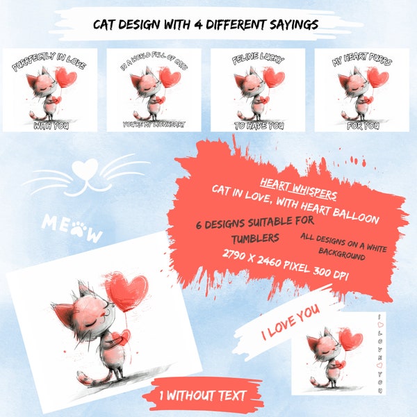 Cute Cat with Heart Balloon Tumbler Design, Love Illustration, Commercial Use, Wall Art Valentine, Animal Love, Instant Download