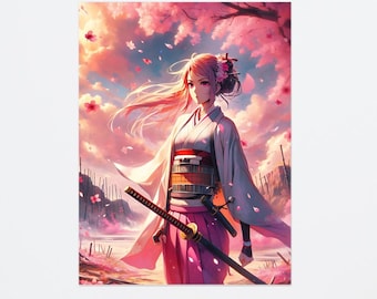 Anime Poster | Pretty female warrior in anime style carrying a katana and a wakizashi | Anime Wall Art