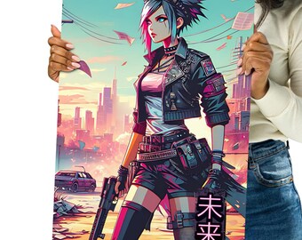 Anime Poster | matte paper | Anime woman in punk style stands in an apocalyptic city with end-time mood