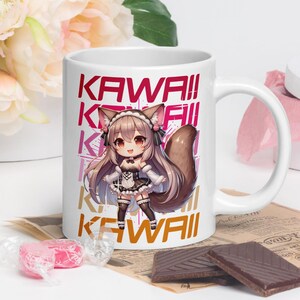 Kawaii Chibi Anime Mädchen | Weiße, glänzende Tasse | Anime Tasse | Katzen Kostüm