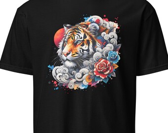 Tiger T-Shirt | Japanese-style tiger design | Short-sleeved unisex T-shirt | Tiger with flowers | Rising sun | Big cat