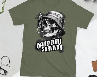 Hard Day Survivor | Short-sleeved unisex T-shirt | Smoking skull | Fun shirt