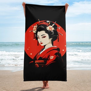 Large beach towel with Japanese geisha - 76 x 152 cm