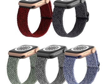 May include: Smartwatches with woven straps in multiple colours. The watch cases are in black and gold. The straps are red, black, green, grey, and blue. The straps have a textured, braided appearance.