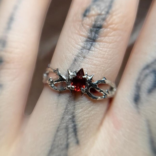 garnet fairy ring, twig  garnet tree branch ring, thin silver nature ring, nature inspired engagement fantasy ring