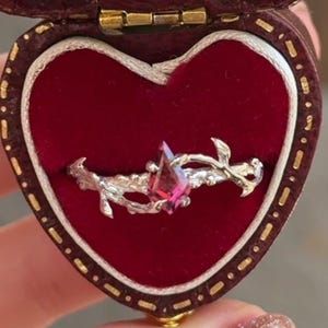 Kite rhodolite garnet ring, 14k white gold tree branch , fairy nature inspired leaf engagement ring