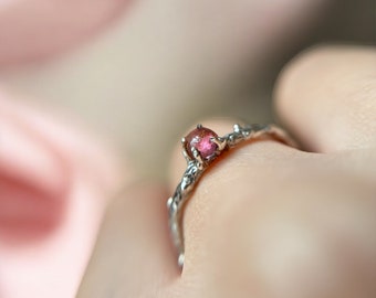 Pink tourmaline fairy ring, thin twig silver ring, tree branch ring, fantasy ring, nature inspired, engagement ring