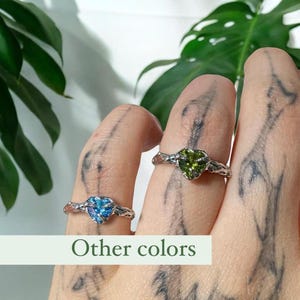 Blue topaz fairy ring, peridot heart ring, nature inspired engagement ring, tree branch ring, nature wedding ring, fantasy ring