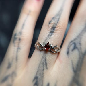 Rich red garnet fairy ring, twig  garnet tree branch ring, thin silver nature ring, nature inspired engagement fantasy ring