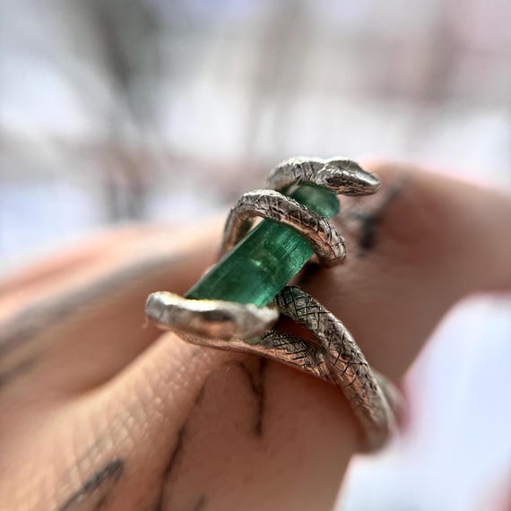 Raw Green Tourmaline Snake Ring, Tourmaline Silver Snake Ring
