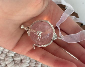 Crystal rose quartz sphere,  rose quartz necklace, custom cosplay, rose quartz fairy pendant, rose quartz sphere, wendy witch cosplay