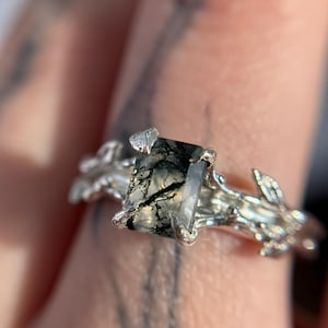 moss agate fairy silver ring,  promise ring for him, tree branch ring, forest fairy ring, fantasy engagement ring