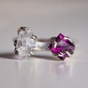herkimer diamond rhodolite garnet ring, fairy ring, nature inspired engagement ring, crystal ring, rhodolite branch ring