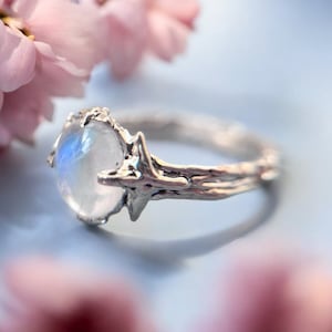 moonstone fairy ring, silver nature inspired engagement ring, star ring, moonstone tree branch ring