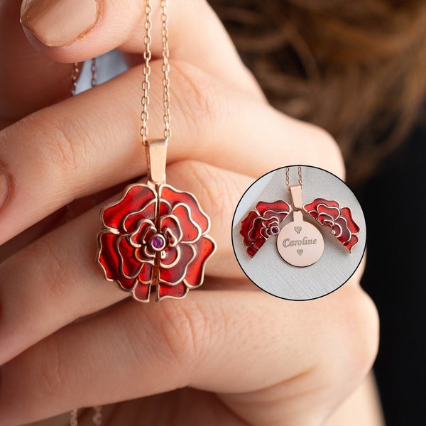 Personalized Hidden Message Proposal Red Rose Necklace, Custom Secret Name Friendship Necklace With Rose, Gift For Love, Gift For Girlfriend