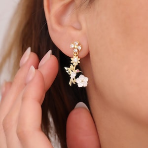 Gold Hummingbird Earrings, Sterling Silver Bird Earrings, Hummingbird Jewelry, Gold Bird Jewelry, Mother of Pearl Flower Earrings