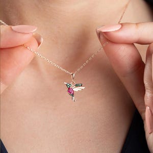 Hummingbird Necklace Sterling Silver Bird Necklace, Colorful Hummingbird Jewelry, Small Silver Bird Jewelry, Tiny Hummingbird Necklace
