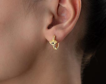 Sterling Silver Evil Eye Hoop Earrings: Dainty Zircon Protection Jewelry