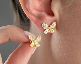 Sparkly Butterfly Sterling Silver Stud Earrings, Cubic Zirconia