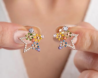 Sterling Silver Star Stud Earrings: Gemstone & Enamel Flowers