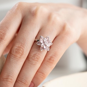 Sterling Silver Lotus Flower Ring with Pink Stone, Spiritual Jewelry, Birthstone Ring for Women, Boho Floral Gift, Gold Flower Ring for Her