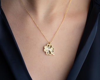 Handmade 14k Gold Four Leaf Clover Necklace: Sterling Silver Zircon Charm