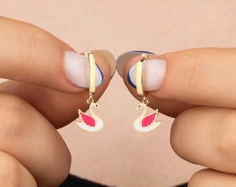 Sterling Silver Swan Earrings: Pink & White Enamel, Girls Jewelry