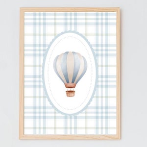 Light Blue Gingham Hot Air Balloon Digital Print – Cute Printable Wall Art for Kids, Baby Room Decor, Instant Download