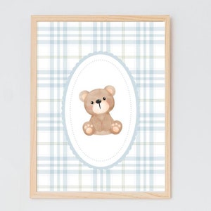 Impression numérique ours en peluche Vichy bleu clair – Art mural imprimable mignon pour enfants, décoration de chambre de bébé, téléchargement immédiat
