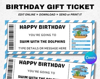 Birthday Swim with a Dolphin Gift Voucher Ticket Template - Surprise Dolphin Coupon Certificate - Printable Editable Birthday Gift Card