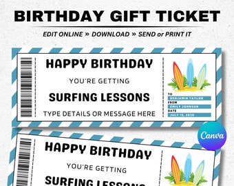 Birthday Surfing Lessons Gift Voucher Ticket Template - Surprise Learn to Surf Coupon Certificate - Printable Editable Birthday Gift Card