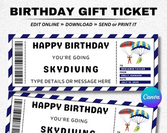 Birthday Skydiving Gift Voucher Ticket Template - Surprise Skydiving Coupon Certificate - Printable Editable Birthday Sky Dive Gift Card