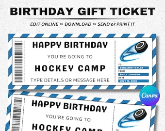 Birthday Hockey Camp Gift Voucher Ticket Template - Surprise Hockey Camp Coupon Certificate - Printable Editable Birthday Gift Card